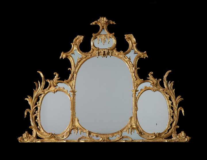 A giltwood triple oval plate overmantel mirror